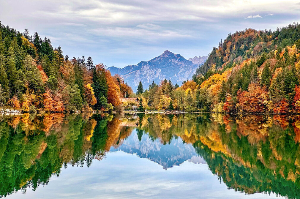 Im Fokus des Bildes liegt der Alatsee, dessen Oberfläche, glatt wie ein Spiegel, die umliegende Natur widerspiegelt. 
