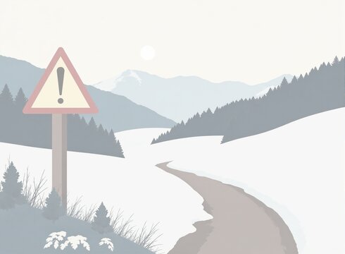 Das illustrierte Bild zeigt einen Weg umringt von Schnee und Bergen. Vorne Links befindet sich ein Stoppschild.