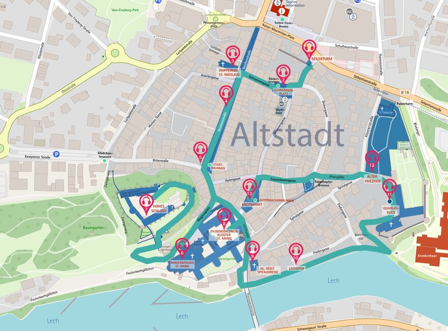 Plan der Füssener Altstadt mit Wegführung des GPS-gestützten Audioguides "Lauschtour". 