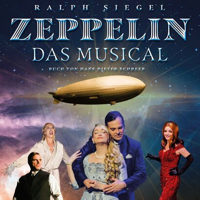 Logo des Musicals Zeppelin. Fünf Musicaldarsteller im Vordergrund und ein Zeppelin im Hintergrund. 