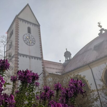 Kirche St. Mang im Nebel mit blühenden Pflanzen im Vordergrund.