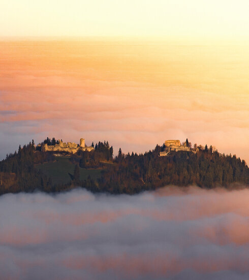 Eine Burgruine schmiegt sich in den Nebel, ein Ort voller Geschichten und Geheimnisse. Ein atemberaubender Sonnenuntergang verstärkt die mystische Stimmung.