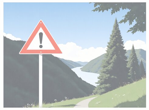 Das illustrierte Bild zeigt einen Weg umringt von Wiesen und Bergen. Im Hintergrund sieht man einen Fluss. Vorne Links befindet sich ein Stoppschild