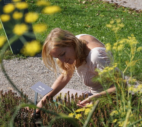 Das Bild zeigt einen Frau, die vor einem Kräuterbeet sitzt. Sie hat eine Blüte zwischen den Finger und betrachtet diese genau.  Vor ihr steht ein Schild, das wahrscheinlich den Namen des Krautes preisgibt. Leider ist es aus dieser Perspektive nicht lesbar. Im Hintergrund verläuft ein Kiesweg. Dazwischen Rasen. Im Vordergrund wachsen hohe Blumen mit blassgelben Blüten. Die Sonne scheint. 