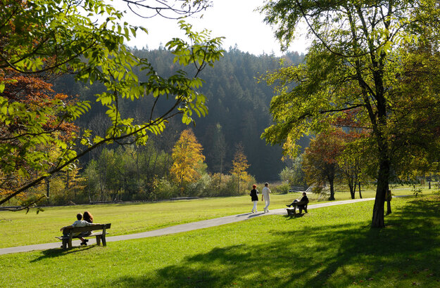 Das Bild fängt eine idyllische Parkszene ein. Im Vordergrund sitzen zwei Personen auf einer Bank und genießen die Ruhe des Parks. Die Bank steht auf einem Weg, der sich durch den Park schlängelt und Besucher dazu einlädt, die Schönheit des Parks zu erkunden.  Der Park selbst ist grün und üppig, mit einer Vielzahl von Bäumen und Sträuchern, die die Landschaft prägen. Die Bäume sind ein gemischter Bestand aus Laub und Nadelbäumen, deren Blätter ein lebendiges Grün bilden.  Im Hintergrund erhebt sich ein großer Hügel, dessen Hänge von einem dichten Wald bedeckt sind. Der Hügel bildet eine natürliche Kulisse für den Park und verleiht der Szene eine Tiefen- und Raumwirkung.  Der Himmel darüber ist ein klarer Blau, was auf einen sonnigen und hellen Tag hindeutet. Die gesamte Atmosphäre des Bildes ist eine von Frieden und Entspannung, eine perfekte Kulisse für einen gemütlichen Spaziergang oder einen ruhigen Moment der Reflexion.