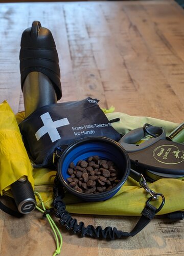 Das Bild zeigt eine Ausstattung mit verschiedenen Utensilien die man für eine Wanderung mit Hund benötigt.