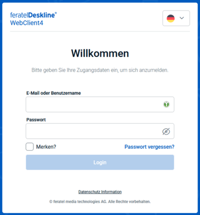 Es wird eine Eingabemaske für die Anmeldung im webbasierten Webclient dargestellt.