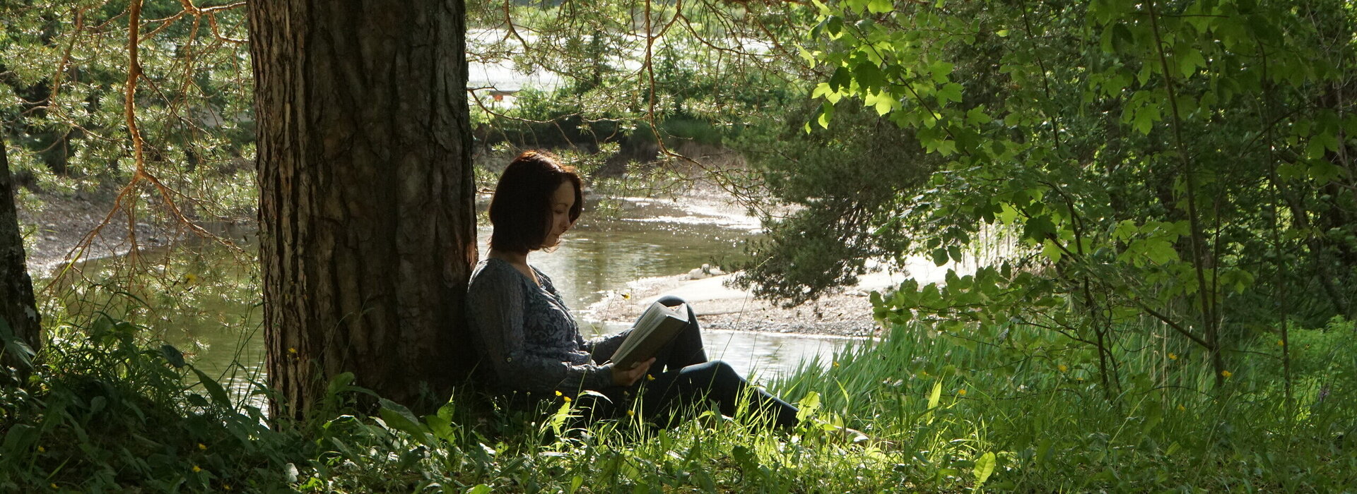 Das Bild zeigt eine Frau, die in einer grünen hohen Wiese sitzt und ein Buch liest. Die Frau lehnt mit dem Rücken an einem großen Baum, der einen weiten Schatten wirft. Zwischen den herabhängenden Ästen kann man im Hintergrund im Sonnenlicht glitzerendes Wasser sehen.