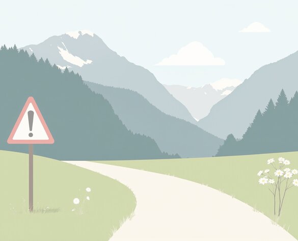 Das illustrierte Bild zeigt einen Weg umringt von Wiesen, Blumen und Bergen. Vorne Links befindet sich ein Stoppschild