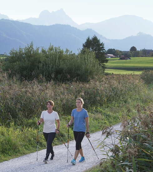 Das Bild zeigt zwei Frauen, die mit Sportkleidung und Nordic Walking stecken einen Wanderweg entlang laufen, der von Schilf flankiert ist. Sie laufen auf den Betrachter zu. Im Hintergrund sind grüne Wiesen und hohe Berge zu sehen. Der Himmel ist blau. Die Sonne scheint.   