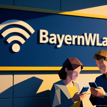 KI-Illustration: Zwei Menschen nutzen ihr Smartphone. Im Hintergrund ist ein Schild mit der Beschriftung "BayernWLAN" zu sehen.