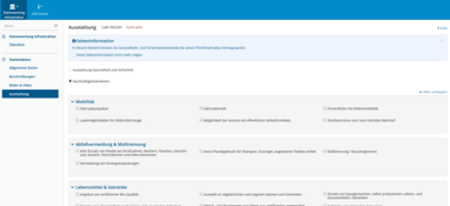 Ein Screenshot zeigt die Benutzeroberfläche des feratel WebClients mit der Angabemöglichkeit von Ausstattungsmerkmalen zum Thema Gesundheit und Sicherheit sowie Nachhaltigkeit.