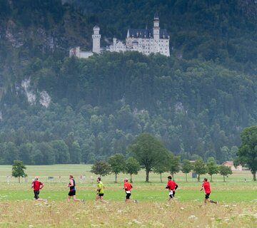 Das Bild zeigt eine grüne Wiese und dunkel bewaldete Hänge, in denen sich das Märchenschloss Neuschwanstein erhebt. Auf einem Feldweg sind sechs Marathonläufer zu sehen.