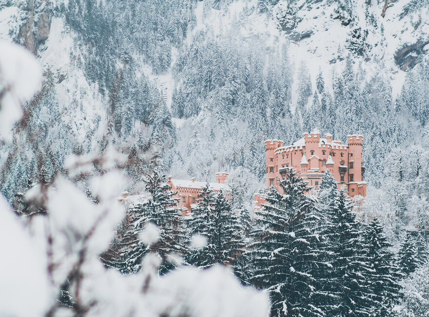 Schneeweiße Nadelbäume und Berghänge umgeben das neugotische Schloss Hohenschwangau. Verschwommene Äste im Vordergrund rahmen die Szene ein.