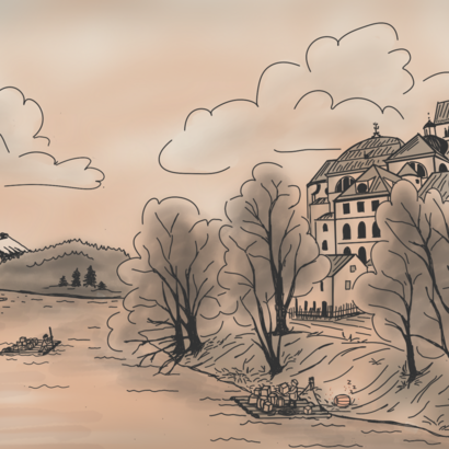 Das Bild zeigt eine sepiafarbene Illustration des Lechufers. 