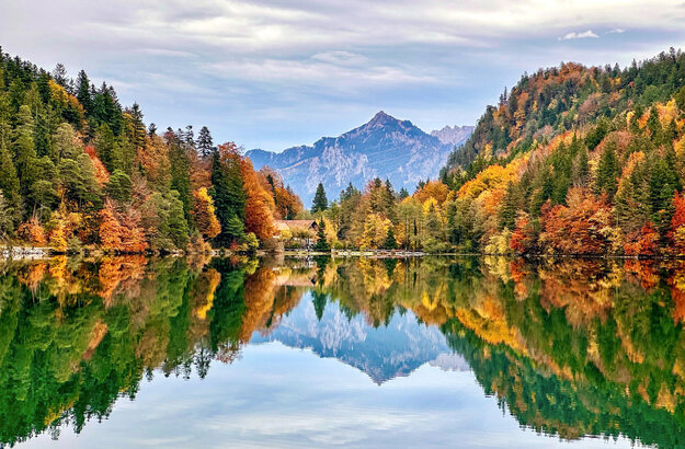 Im Fokus des Bildes liegt der Alatsee, dessen Oberfläche, glatt wie ein Spiegel, die umliegende Natur widerspiegelt. 