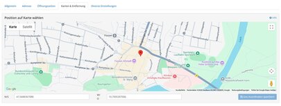 Ein Screenshot der Benutzeroberfläche des feratel Webclients, um darzustellen, wo die Kartenposition bzw. die Geo-Koordinaten des Betriebes festgelegt werden können.