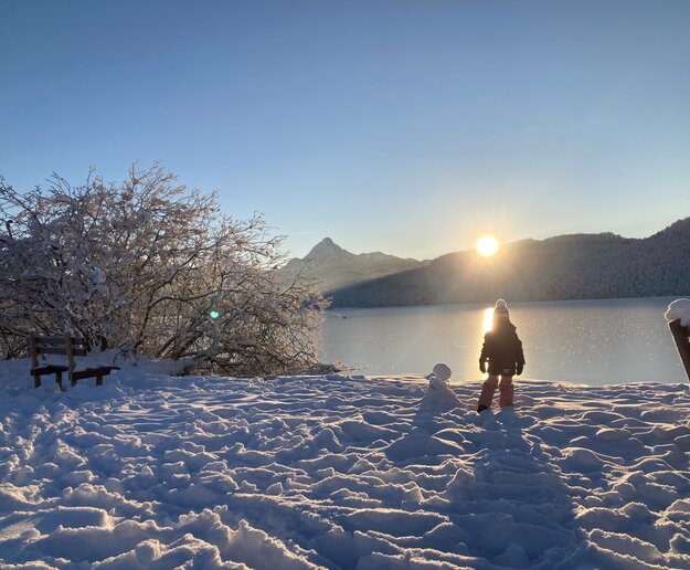 Das Bild zeigt eine beruhigende Winterlandschaft. Eine Person, gekleidet in einen schwarzen Mantel und eine weiße Mütze, steht auf einer mit Schnee bedeckten Fläche. Sie sind in der Mitte des Bildes positioniert und blicken in Richtung des rechten Randes. Die Person scheint auf die majestätischen Berge zu schauen, die in der Ferne aufragen. Der Himmel darüber ist ein klarer blauer Ton, der einen beeindruckenden Kontrast zum weißen Schnee bietet. Der Boden ist mit Schnee bedeckt, mit ein paar Bäumen verstreut herum. Die gesamte Szene vermittelt ein Gefühl von Ruhe und Frieden.