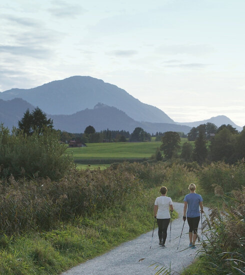 Zwei Frauen laufen vom Betrachter fort einen Kiesweg entlang. Um sie herum ist der Wegesrand gesäumt mit hohem Schilf. Die Frauen tragen leichte Sportkleidung und Nordic Walking Stöcke. In der Ferne erheben sich die majestätischen Berggipfel der Allgäuer Alpen.