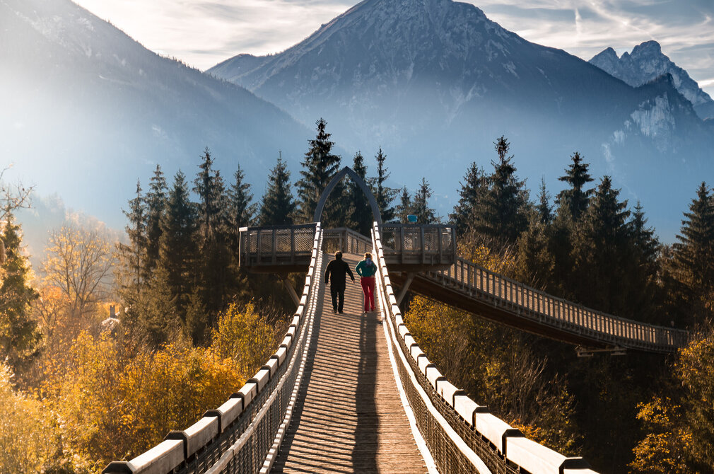 Zwei Personen spazieren über den Baumkronenweg im Walderlebniszentrum in Füssen. Die Brücke bietet einen atemberaubenden Blick auf die umliegenden Berge.