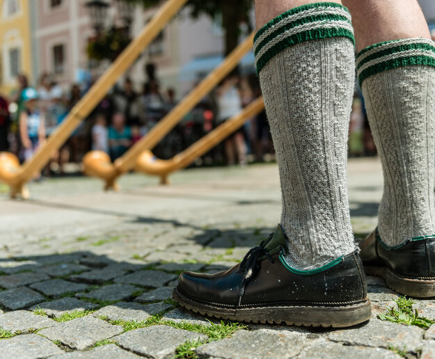 Das Bild zeigt mehrere Alphornspieler. Allerdings sind nur zwei Beine bis zu den Knien zu sehen. Die Beine sind mit grauen Kniestrümpfen und schwarzen Haferlschuhen bekleidet. Um die Alphörner kann man mehrere Zuschauer erkennen. Die Sonne scheint. Die Szenerie findet wohl auf einem Platz in der Stadt statt. Im Hintergrund sind Hausfassaden zu erkennen. Auf dem Boden liegt Kopfsteinpflaster.   
