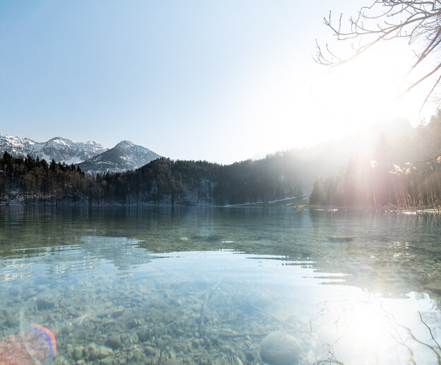 Das Bild fängt eine harmonische Szene eines in einem gebirgigen Gebiet gelegenen Sees ein – des Alatsees. Der See, mit seiner ruhigen und friedlichen Oberfläche, reflektiert die umgebende Landschaft. Die Sonne scheint hell, wirft ein warmes Licht auf das Wasser und erzeugt einen schönen Kontrast zu den dunkleren Farben der Berge. Die Berge, mit Schnee bedeckt, erheben sich majestätisch im Hintergrund und verleihen der Szene ein Gefühl von Größe. Der Himmel über dem See ist ein klarer Blau, was das Gesamtbild des Bildes weiter verschönert.