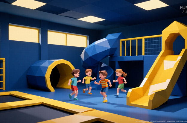 Ki Illustration mit 4 Kindern, die sich in einem Idoor-Spielplatz befinden.