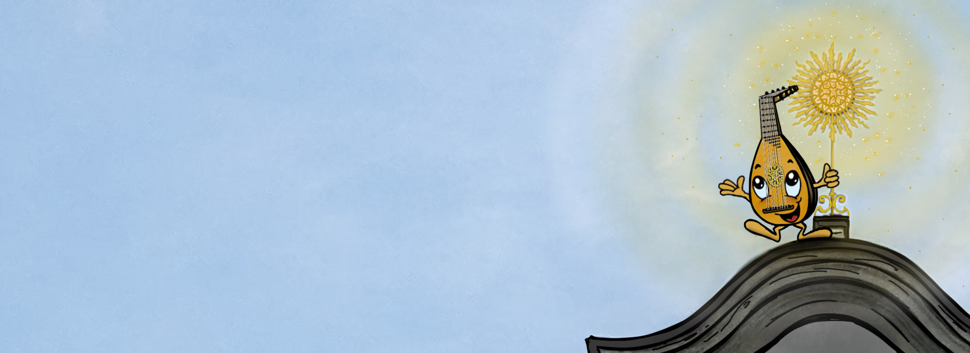 Das Bild zeigt eine Illustration der cartoonhaften Figur Lauti, die auf einem Dach steht und sich an einer goldenen Sonne festhält. 