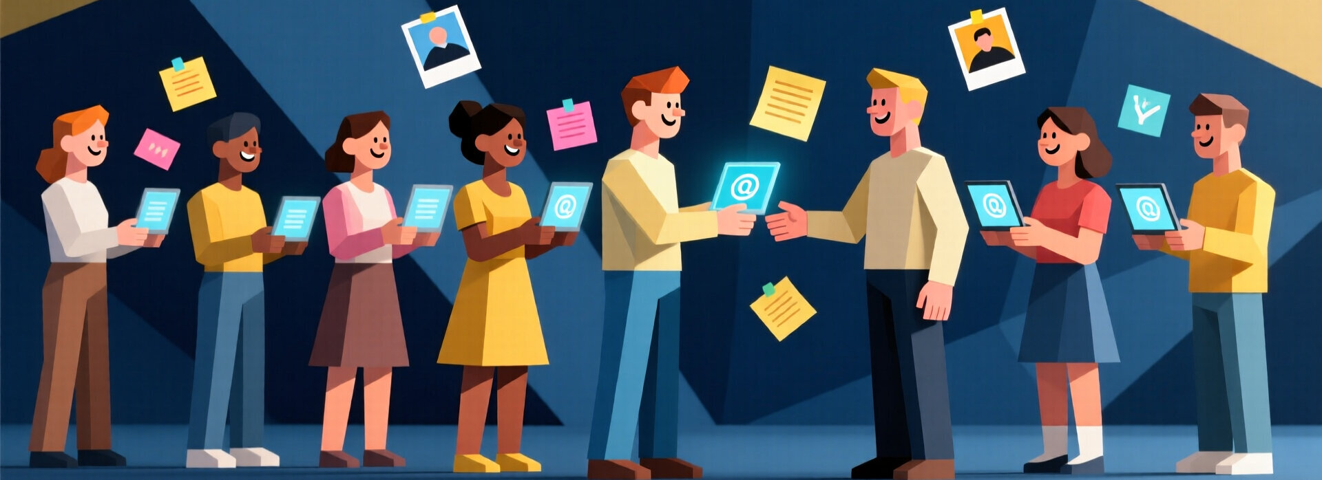 Illustration: Mehrere Menschen in einem Raum senden sich mit ihren Geräten digitale Inhalte