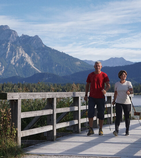 Das Bild zeigt drei Personen in Sportkleidung, die auf einer Holzbrücke laufen. Alle haben Nordic Walking Stöcke in den Händen. Sie lächeln. Im Hintergrund erheben sich hohe Berge und bewaldete Hügel.     