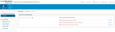 Ein Screenshot des feratel WebClients, der die verschiedenen Menüpunkte darstellt und dem User eine Übersicht der Eingabebereiche anzeigen soll.
