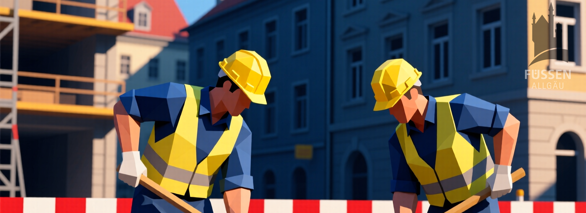 KI-Illustration: Zwei Baustellenarbeiter arbeiten an einer Baustelle in Füssen