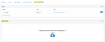 Ein Screenshot der die Oberfläche eines WebClients zeigt, in dem der Bereich für das Hochladen z. B. für Speisekarten dargestellt wird.