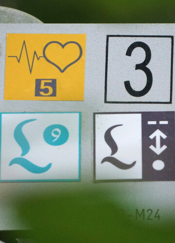 Das Bild zeigt ein Detail eines Wanderschild mit unterschiedlichen Logos.      