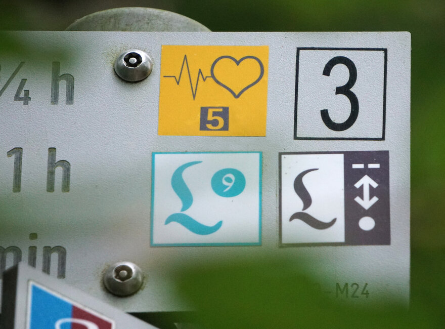Das Bild zeigt ein Detail eines Wanderschild mit unterschiedlichen Logos.      