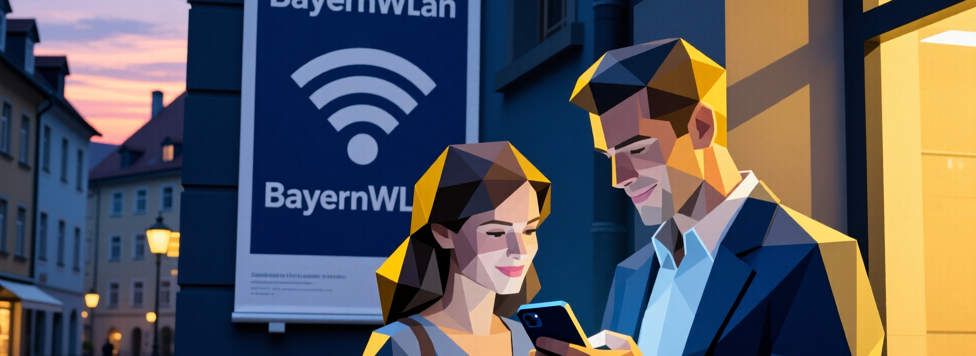 KI-Illustration: Ein Paar nutzt ihr Smartphone, im Hintergrund hängt ein BayernWLAN-Plakat