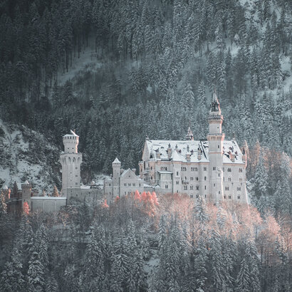  Schloss Neuschwanstein bedeckt mit Schnee. Ein atemberaubender Blick auf das Schloss.
