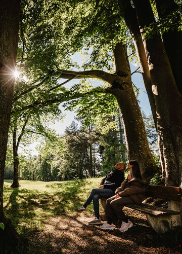 Das Bild zeigt eine Frau und einen Mann, die auf einer Bank in einem Park sitzen und in die Sonne schauen 