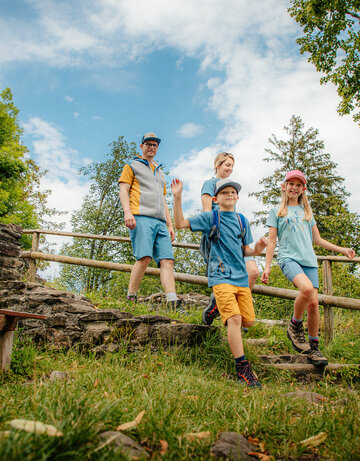 Das Bild zeigt eine Gruppe von vier Personen, zwei Jungen und zwei Mädchen, die auf einer hölzernen Treppe in einem Park stehen. Die Jungen sind mit blauen Hemden und khakifarbenen Shorts gekleidet, während die Mädchen blaue Oberteile und Denim-Shorts tragen. Alle haben ein Lächeln auf dem Gesicht und scheinen ihre gemeinsame Zeit zu genießen. Der Park ist grün und üppig, mit Bäumen und Rasen, die die Treppe umgeben. Der Himmel darüber ist ein klarer Blau, was auf einen sonnigen Tag hindeutet. Die hölzerne Treppe, die der Hauptfokus des Bildes ist, führt zu einer Steinmauer, die der Szene einen Hauch von Rustikalität verleiht. Die Atmosphäre des Bildes insgesamt ist eine von Freude und Kameradschaft, da die Gruppe im Park offensichtlich eine großartige Zeit miteinander hat.