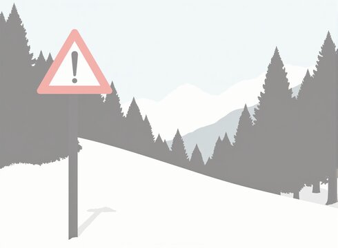 Das illustrierte Bild zeigt einen Berg, auf dem Schnee liegt. Vorne Links befindet sich ein Stoppschild.