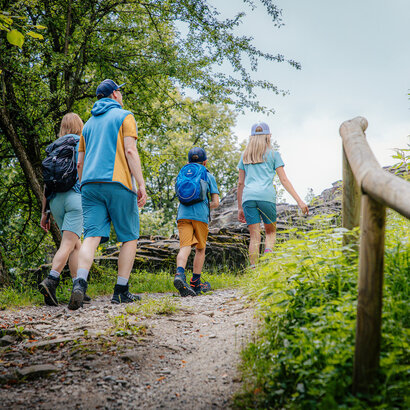 Das Bild zeigt eine Familie, bestehend aus einer Frau, einem Mann, einem Jungen und einem Mädchen, die einen Wanderweg nach oben gehen. Sie tragen sportliche Freizeitkleidung. Im Hintergrund ist die Mauer einer Ruine zu sehen. Ringsum wachsen Bäume, Büsche und Gräser. Der Himmel ist blau. Die Sonne scheint.
