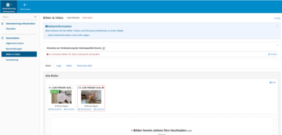 Das Bild zeigt einen Screenshot, der die Benutzeroberfläche des feratel WebClients anzeigt. Es werden zwei bereits hochgeladene Bilder dargestellt.