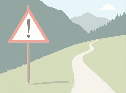 Das illustrierte Bild zeigt einen Weg umringt von Wiesen und Bergen. Vorne Links befindet sich ein Stoppschild