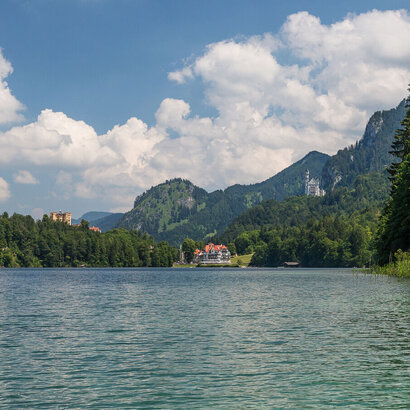 Das Bild fängt eine ruhige Seeszenen ein. Es handelt sich hier um den tiefblauen Alpsee, der sich bis zum Horizont ausdehnt und den Himmel darüber spiegelt. Auf der linken Seite des Bildes erhebt sich ein üppiger grüner Wald, sein dichtes Blätterdach bietet einen scharfen Kontrast zum Blau des Sees. Die rechte Bildseite wird von einer majestätischen Gebirgskette dominiert, deren Gipfel in den Himmel ragen. Umgeben von dieser natürlichen Schönheit befindet sich mehrere Gebäude, die aus den Bäumen hervorlugen. Dabei handelt es sich links um das Schloss Hohenschwangau und rechts um das das Schloss Neuschwanstein, dass auf einer Anhöhe thront. Der Himmel darüber ist ein klarer Blau, durchzogen von flauschigen, weißen Wolken. 