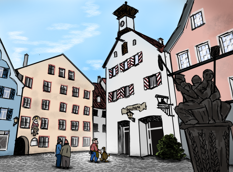 Das Bild zeigt eine Illustration des Schrannenplatzes in Füssen. Darauf zu sehen sind außerdem ein Mann und eine Laute. 