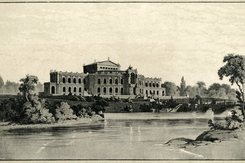 Eine historische Darstellung eines großen Gebäudes am Ufer eines Flusses. Das Gebäude hat mehrere Stockwerke und ist mit architektonischen Details verziert. Umgeben von Bäumen und einer grünen Landschaft, vermittelt es einen Gefühl von Eleganz und historischem Charme.